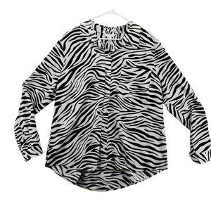 TIME AND TRU Shirt Women's Long Roll-Tab Sleeves Zebra Pattern White Black 2XL